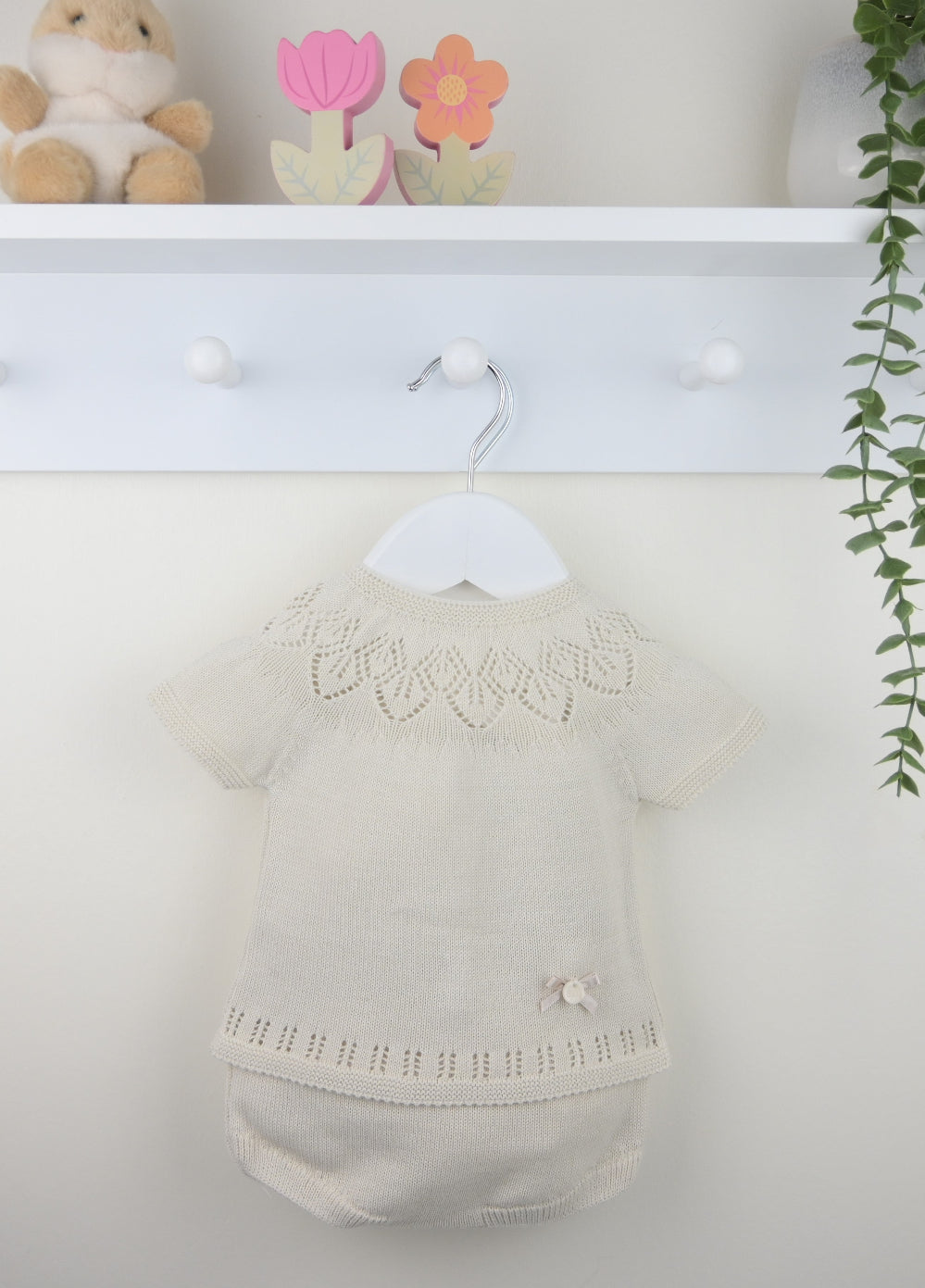 Pex Cassie baby girl two-piece outfit in natural, featuring a lightweight knit top and matching shorts – newborn to 12 month