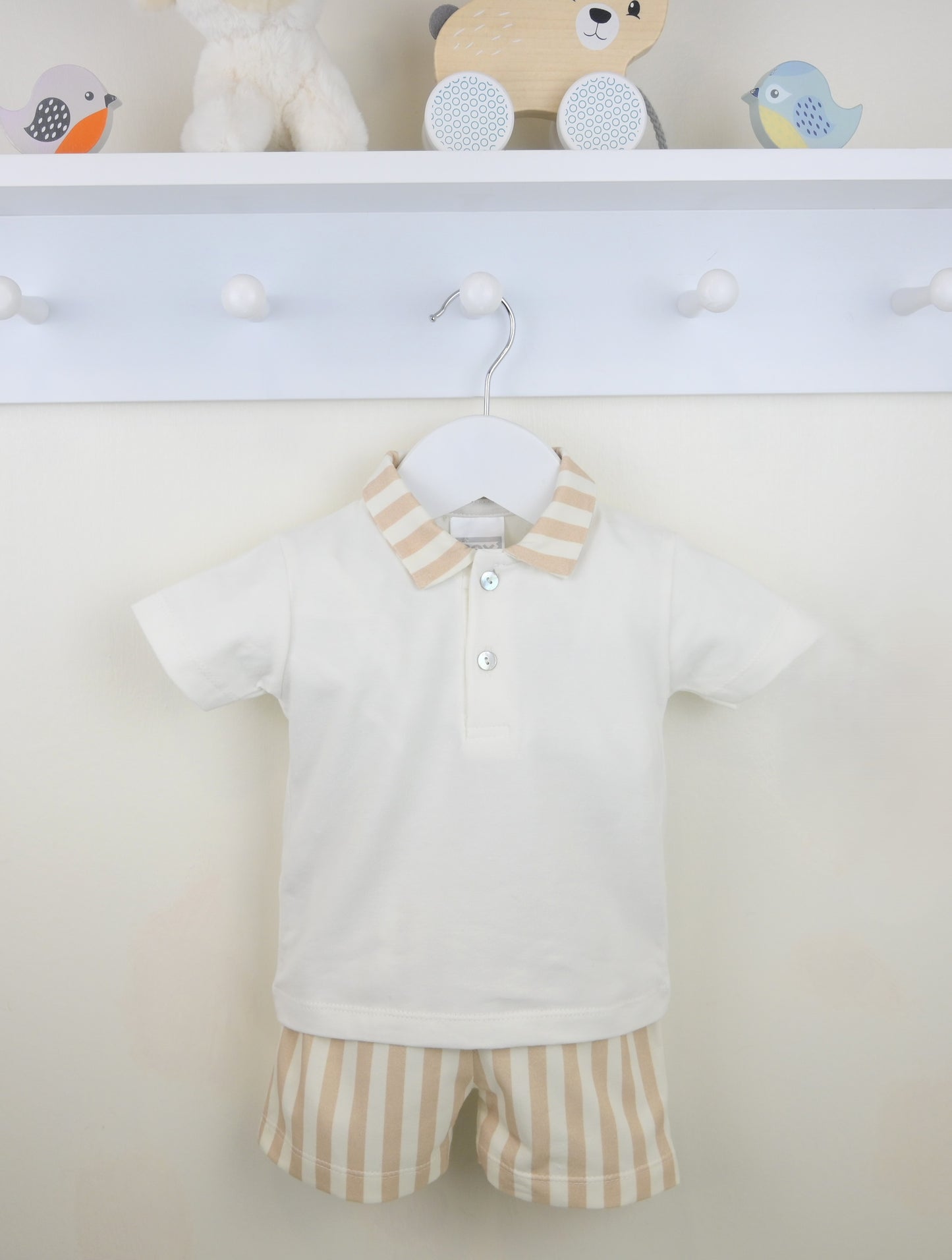 Pex Baby Boys Polo Shirt & Striped Shorts Set – Beige | Newborn to 18–24 Months