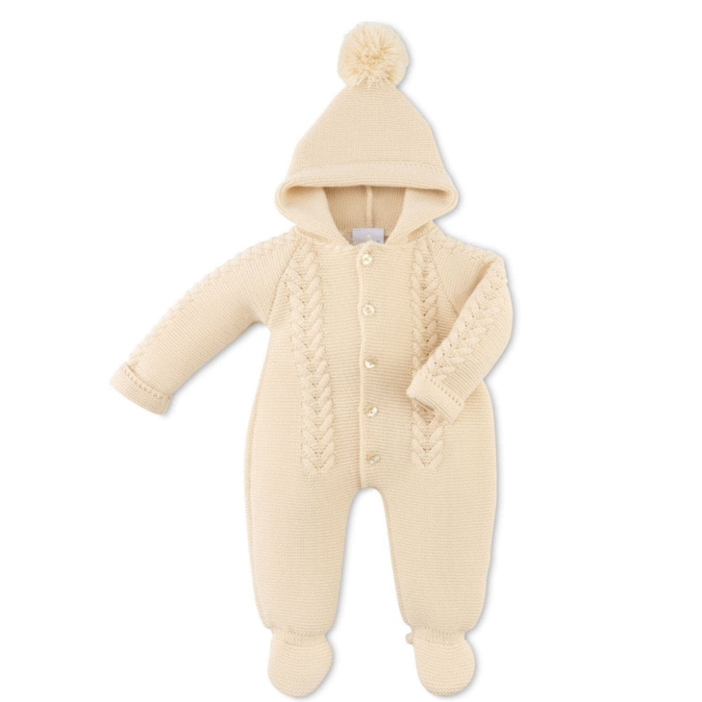 Taupe knitted baby pramsuit with bobble hood – Dandelion all-in-one winter suit