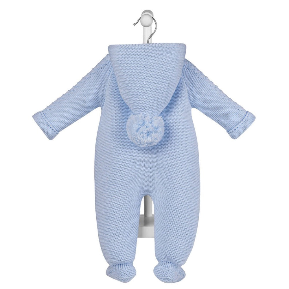 Sky blue knitted baby pramsuit with bobble hood by Dandelion – front view on hanger