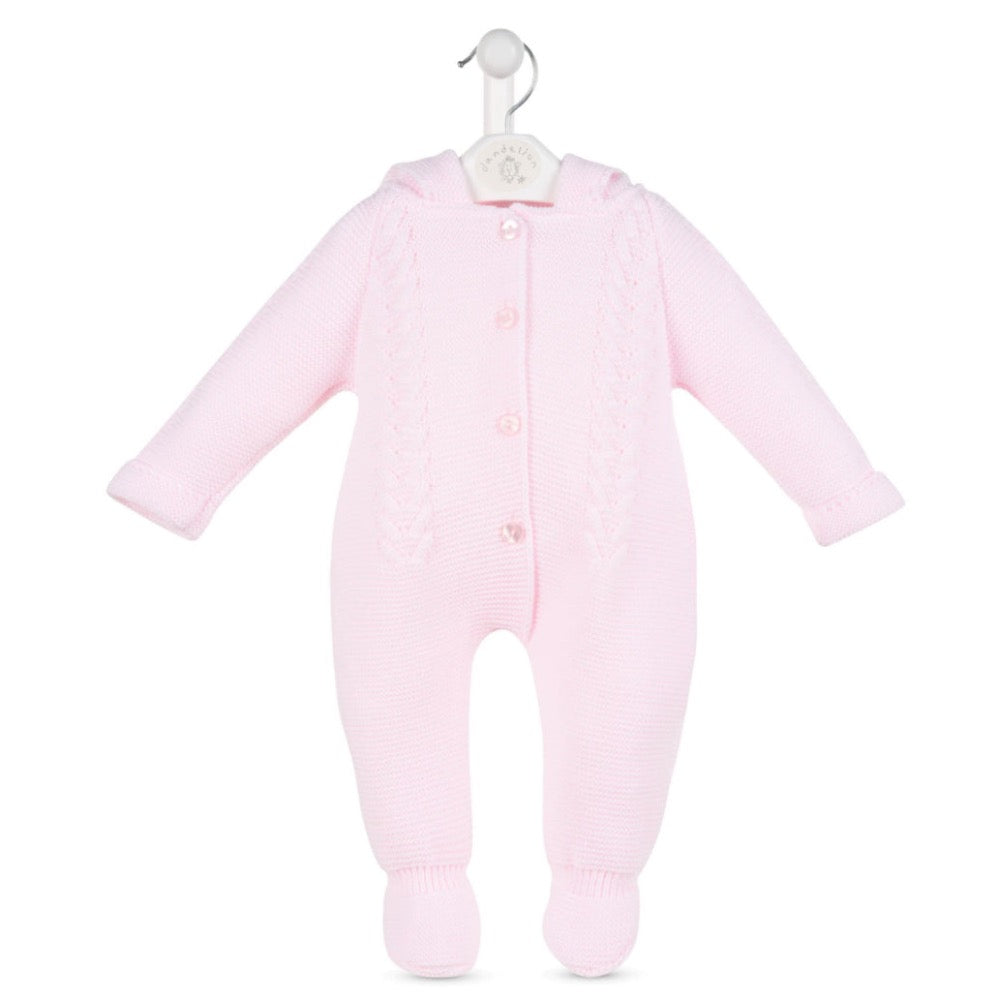 Pink knitted baby pramsuit with bobble hood by Dandelion – front view on hange