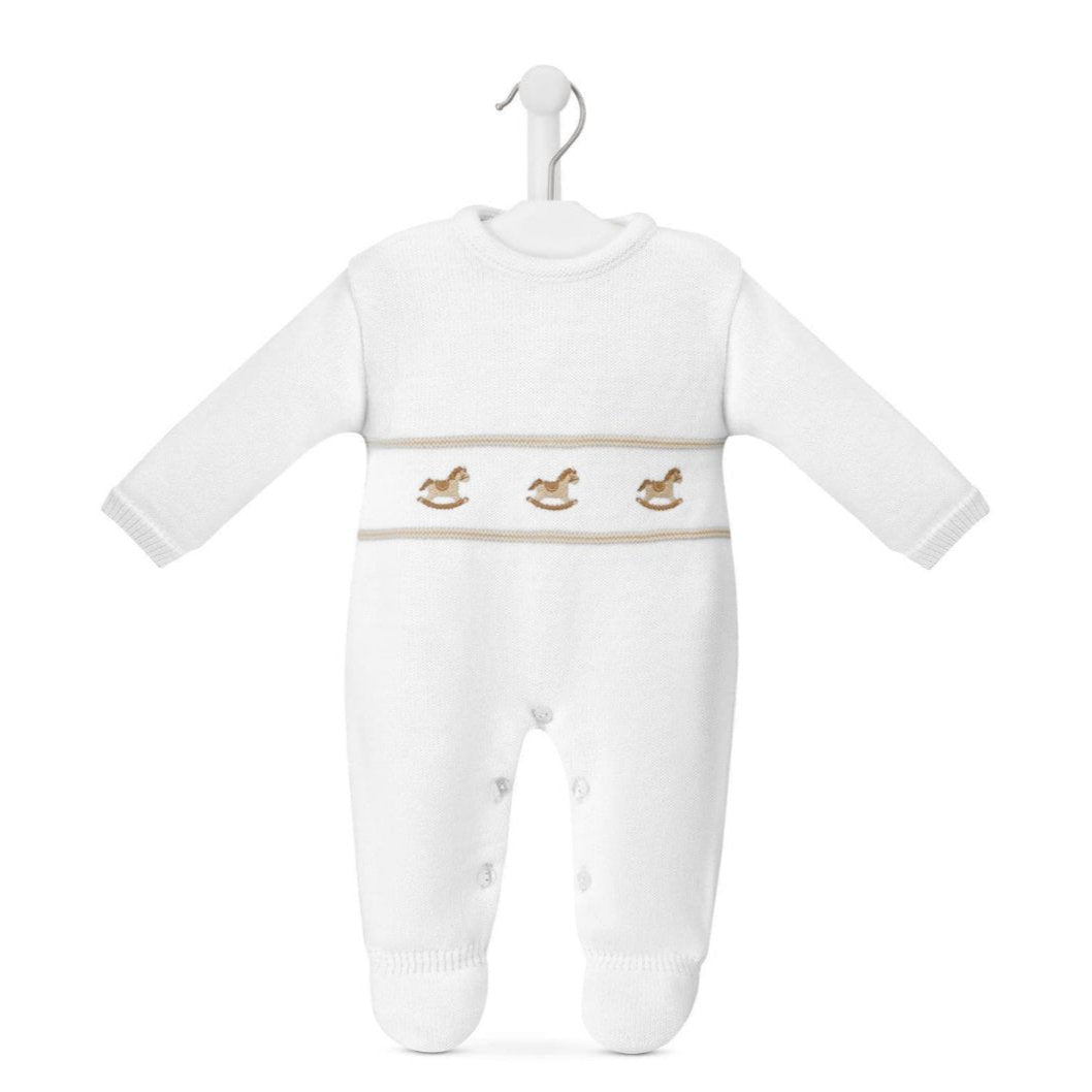 Dandelion knitted baby onesie with rocking horse motif – newborn to 6 months