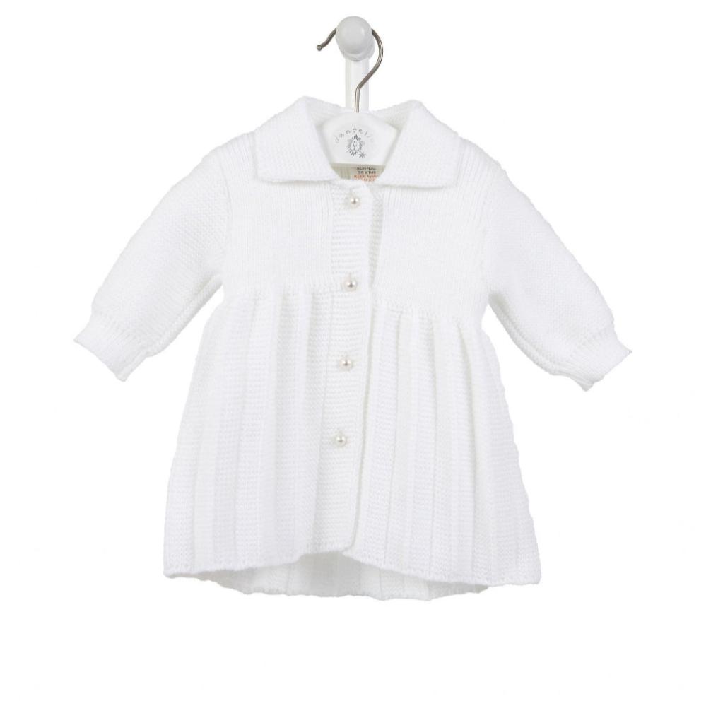 Dandelion girls’ knitted baby coat in taupe with pearl buttons – available in sizes 0–3 months to 2–3 years