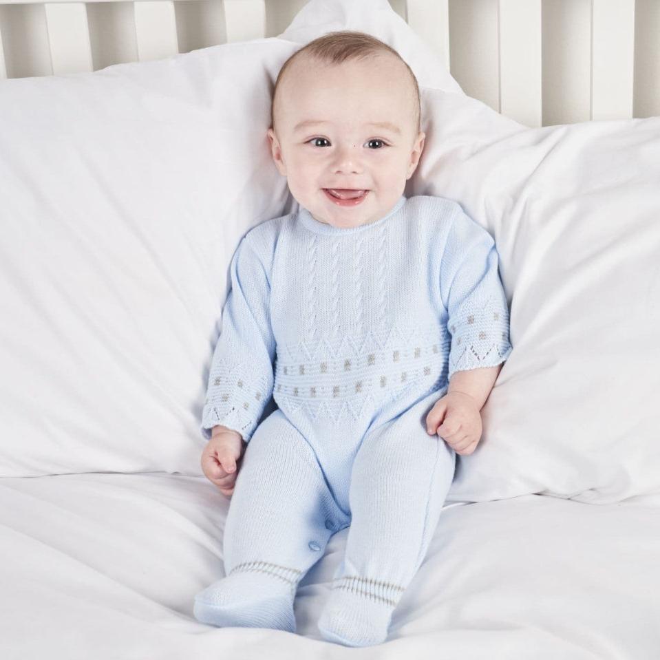 Dandelion baby boy knitted sky blue onesie and matching hat with zig-zag pattern – newborn to 6 months