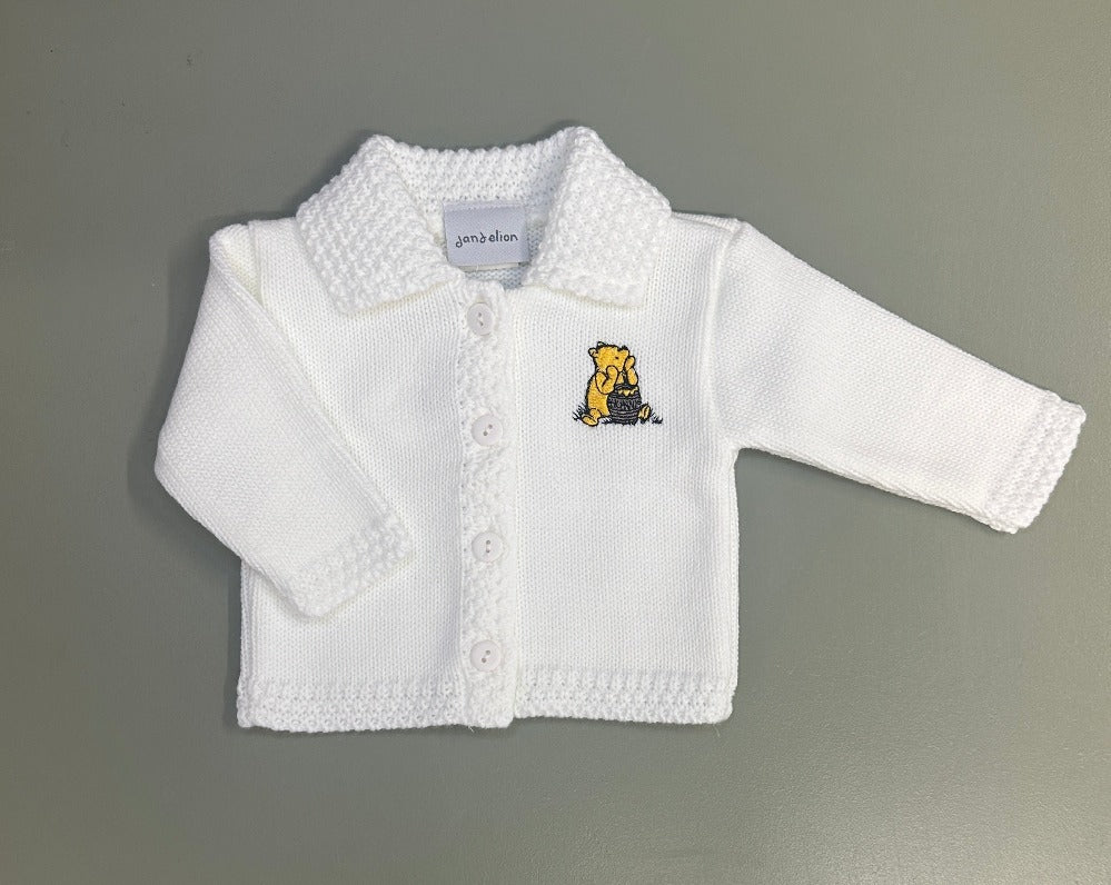 White Dandelion baby cardigan with embroidered bear and button front – newborn to 12 months