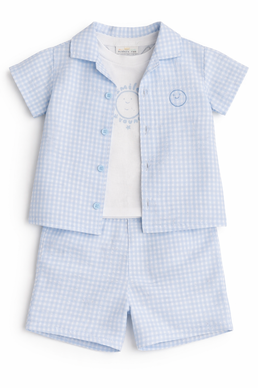 Baby Boys Blue Gingham 3-Piece Short Set – 6 to 24 Months