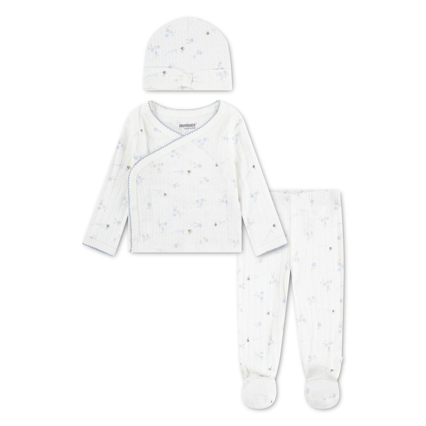 Huggies Floral 3 Piece Baby Set with Hat – White & Blue | Newborn - 9 Months