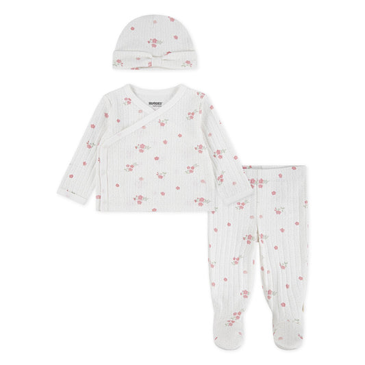 Huggies Floral 3 Piece Baby Set with Hat – White & Pink | Newborn - 9 Months