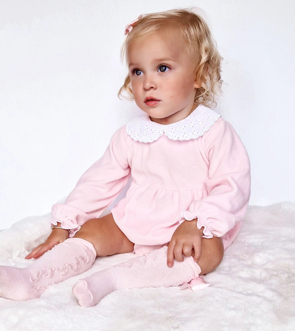 Pex Nova pink velour baby girl romper with white lace collar – sizes newborn to 24 months