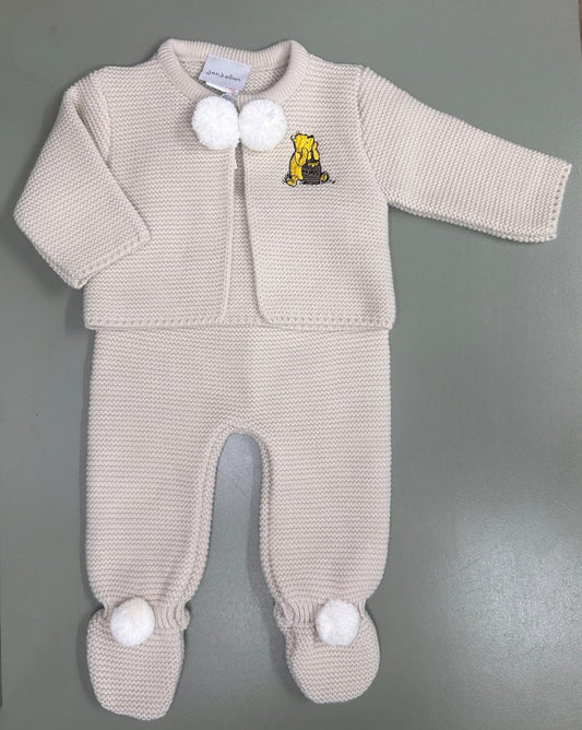Dandelion taupe knitted baby outfit with bear embroidery and pompom collar, includes matching footed leggings – available in newborn to 6 months