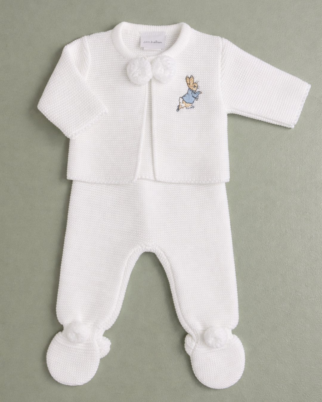 Running Rabbit White Knitted Baby Set – Dandelion | 2-Piece with Pompom Detail