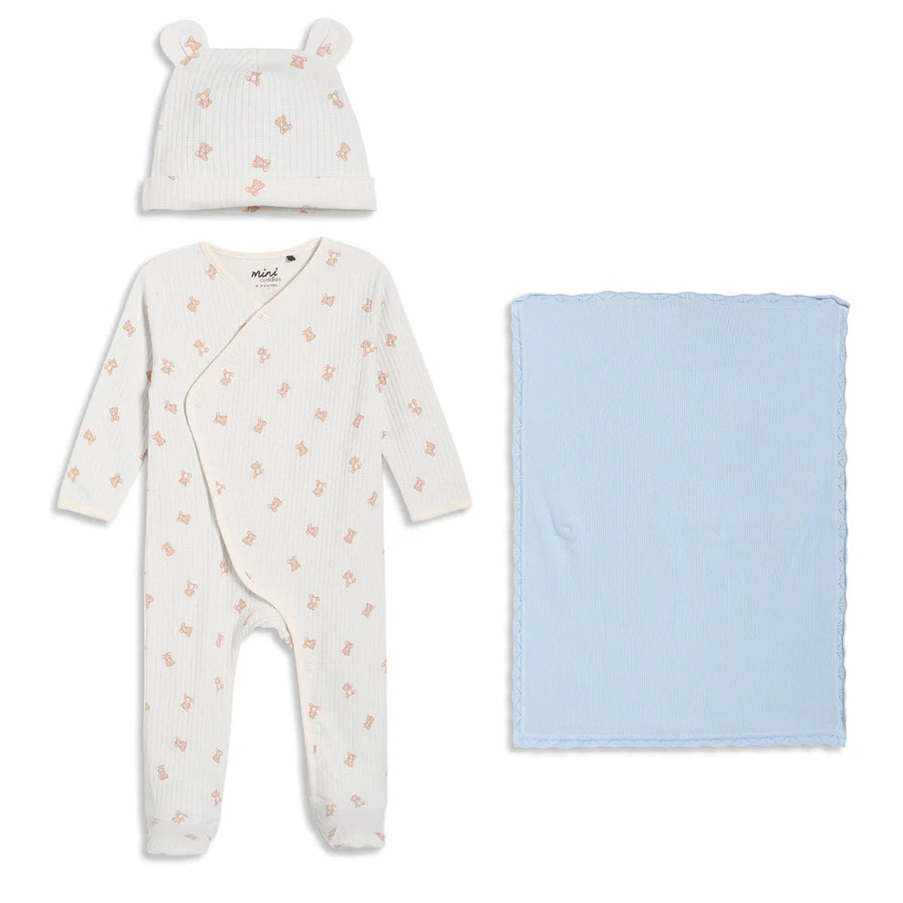 Mini Cuddles 3-Piece Baby Gift Set – Bear Print & Blue Blanket | Newborn to 3–6 Months