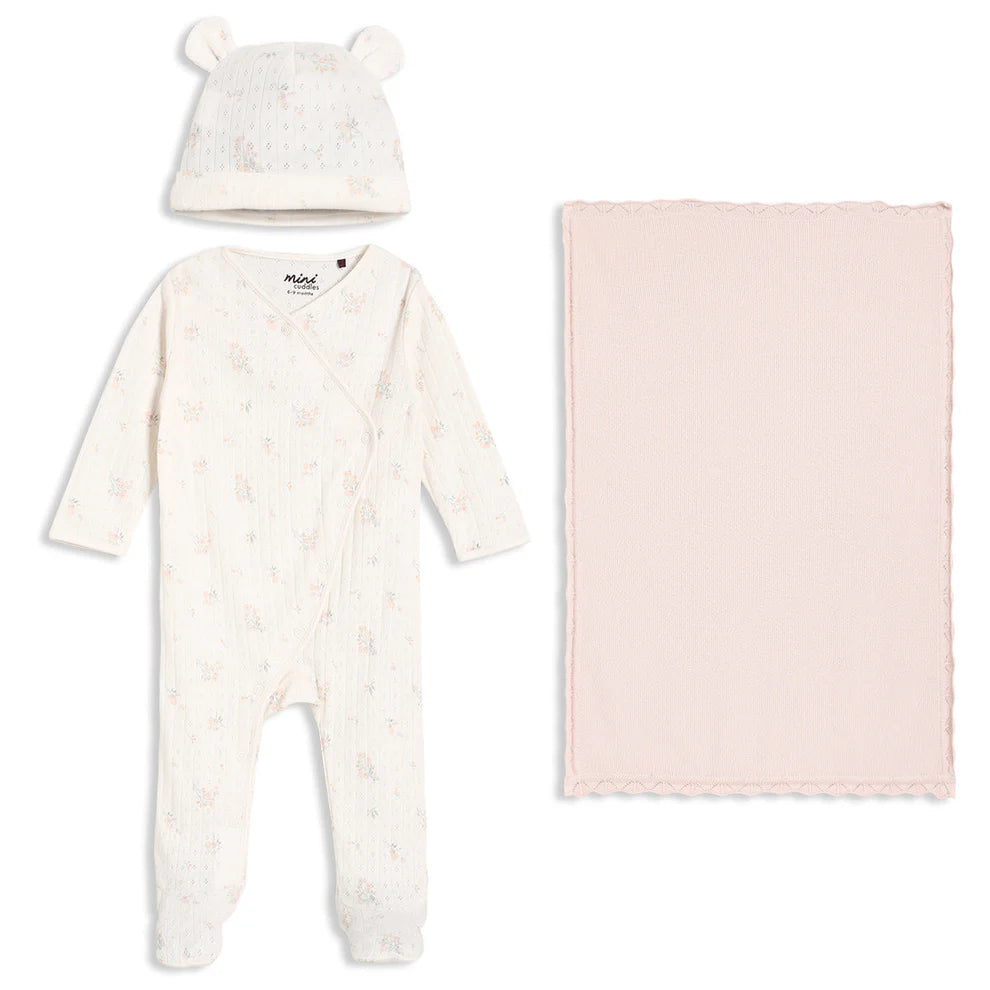 Mini Cuddles 3-Piece Baby Gift Set – Floral & Pink Blanket | Newborn to 3–6 Months
