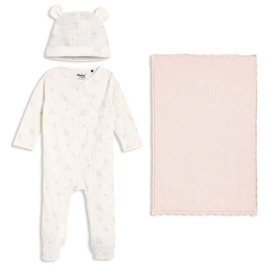 Mini Cuddles 3-Piece Baby Gift Set – Floral & Pink Blanket | Newborn to 3–6 Months