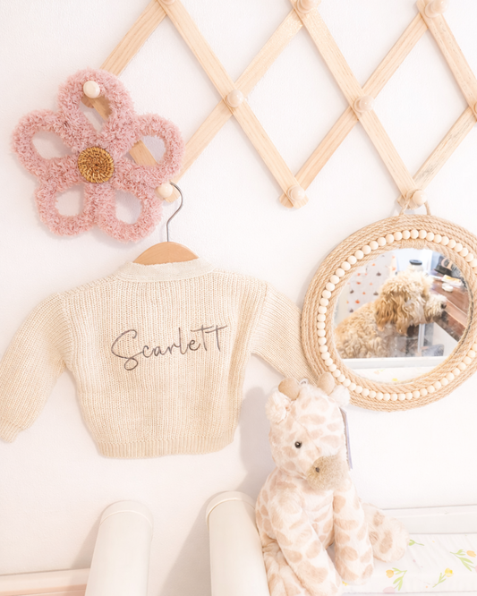 Dandelion Taupe Ribbed Baby Cardigan – Wooden Buttons | Newborn to 18M | Personalised