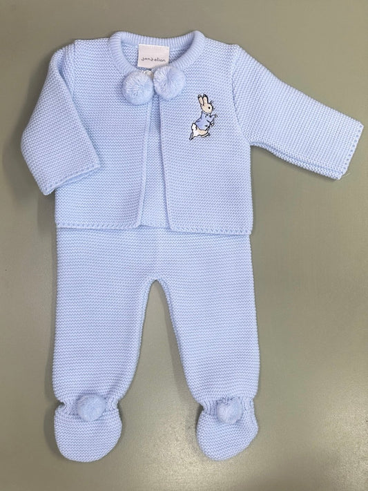 Baby blue Dandelion knitted baby outfit with embroidered rabbit motif and pompom collar – includes footed leggings
