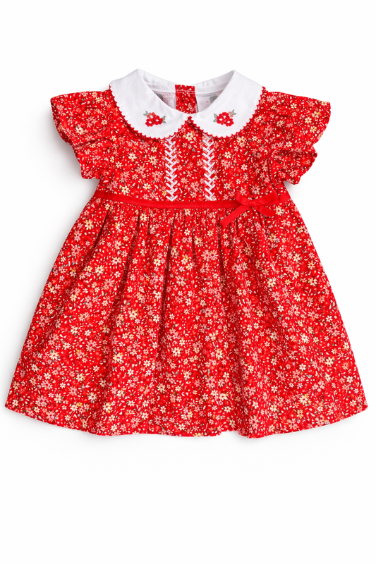 Girls Red Floral Dress with Embroidered Collar – 1 to 2 Years