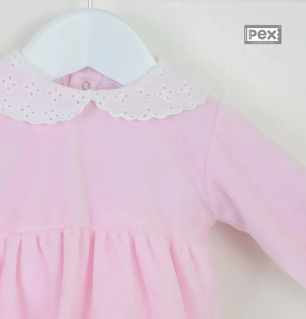 Pex Nova baby girl pink dress with long sleeves and eyelet lace collar, perfect for special occasions or everyday wear