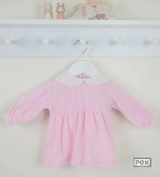 Pex Nova baby girl pink dress with long sleeves and eyelet lace collar, perfect for special occasions or everyday wear