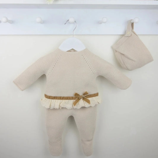 Pex Sienna baby 3-piece knitted set in taupe with lace hem and bow – includes top, leggings, and hat
