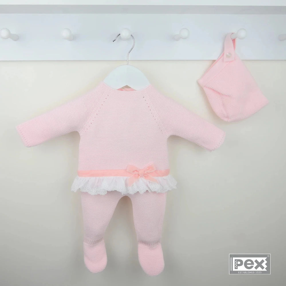 Pex Sienna baby 3-piece knitted set in taupe with lace hem and bow – includes top, leggings, and hat
