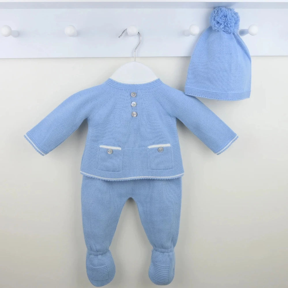 Pex Bertie baby knitted set in dusky blue – cosy 3-piece baby outfit
