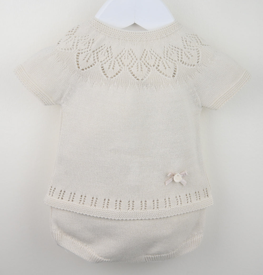 Pex Cassie baby girl two-piece outfit in natural, featuring a lightweight knit top and matching shorts – newborn to 12 month
