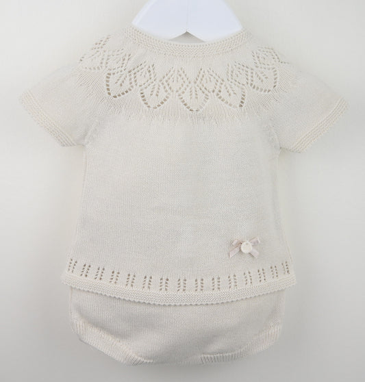 Pex Cassie baby girl two-piece outfit in natural, featuring a lightweight knit top and matching shorts – newborn to 12 month
