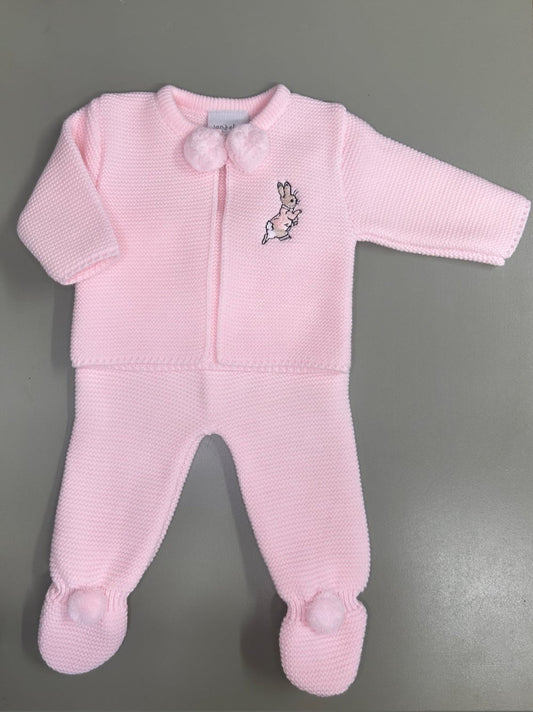Baby pink Dandelion knitted baby outfit with embroidered rabbit motif and pompom collar – includes footed leggings