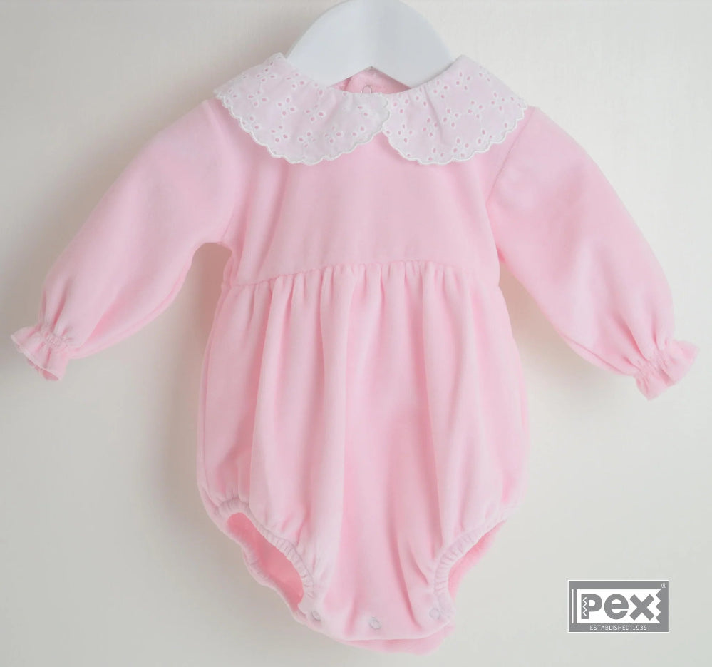 Pex Nova pink velour baby girl romper with white lace collar – sizes newborn to 24 months