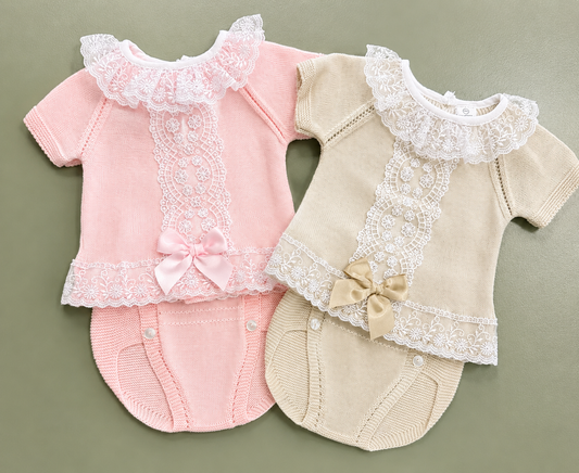 Girls Knitted Lace Shorts Set | Pink or Beige | 3–24 Months