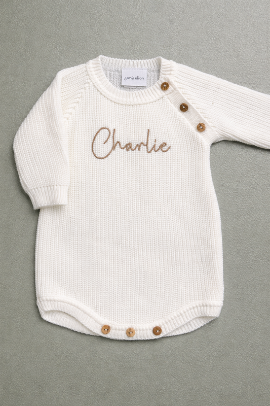 Dandelion Personalised Knitted Long Sleeve Baby Romper – White