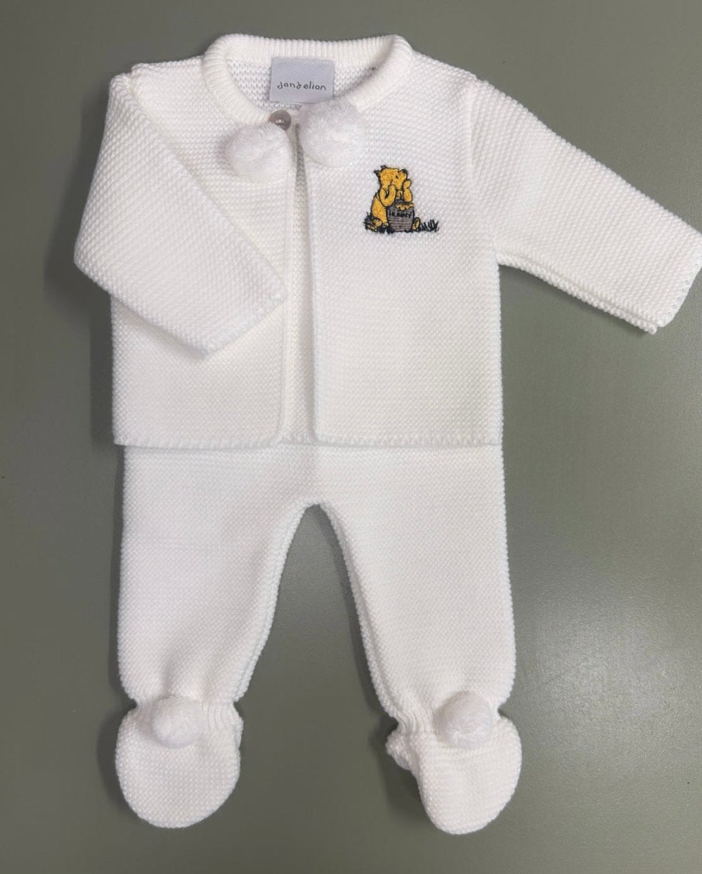 White Dandelion Hunny Bear baby knitted outfit with embroidery and pompom collar – includes top and footed leggings