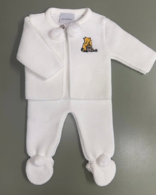 White Dandelion Hunny Bear baby knitted outfit with embroidery and pompom collar – includes top and footed leggings