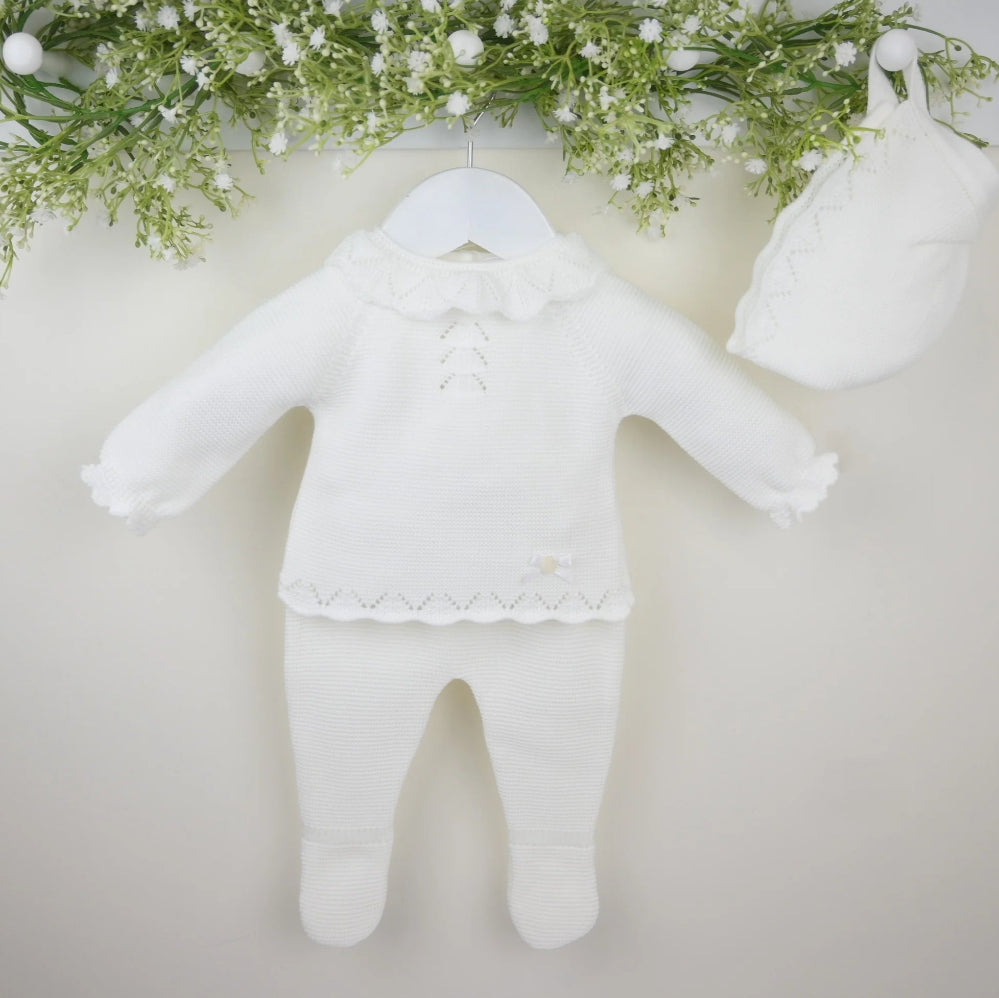 Pink 3-piece knitted baby outfit by Pex with bonnet, frill collar, and footed trousers – also available in white and beige