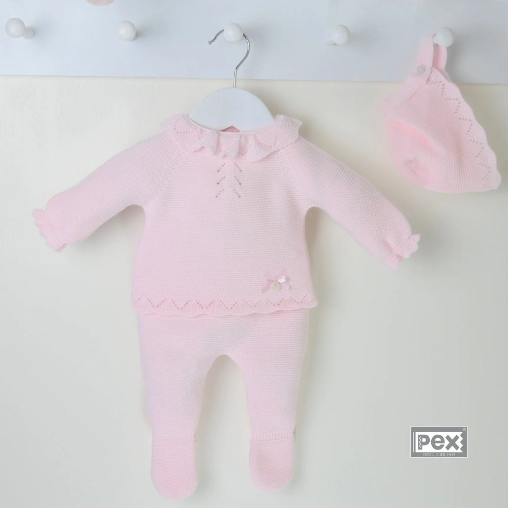 Pink 3-piece knitted baby outfit by Pex with bonnet, frill collar, and footed trousers – also available in white and beige