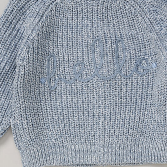 Dusky Blue Hello Knitted Baby Cardigan – Personalised |0– 12 Months