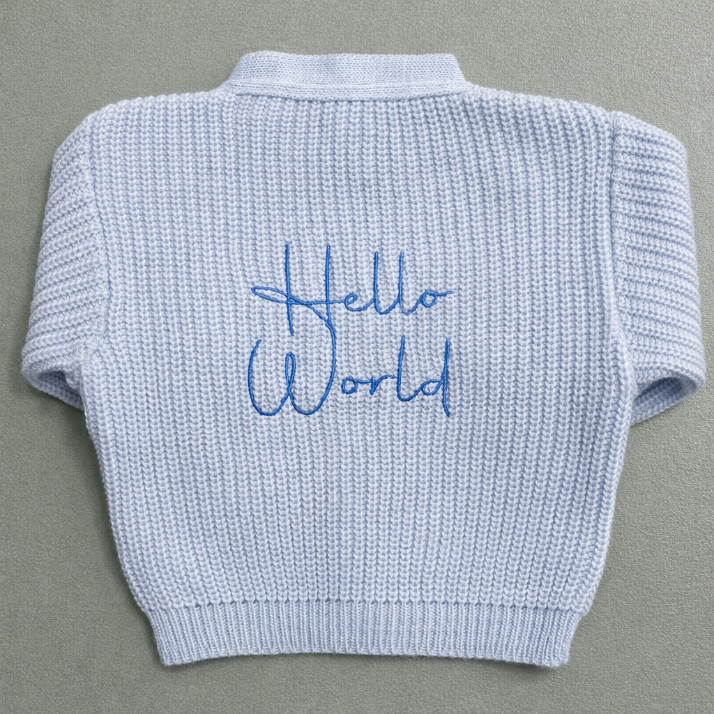Dandelion Hello World Knitted Baby Cardigan (Newborn – 0–3 Months)