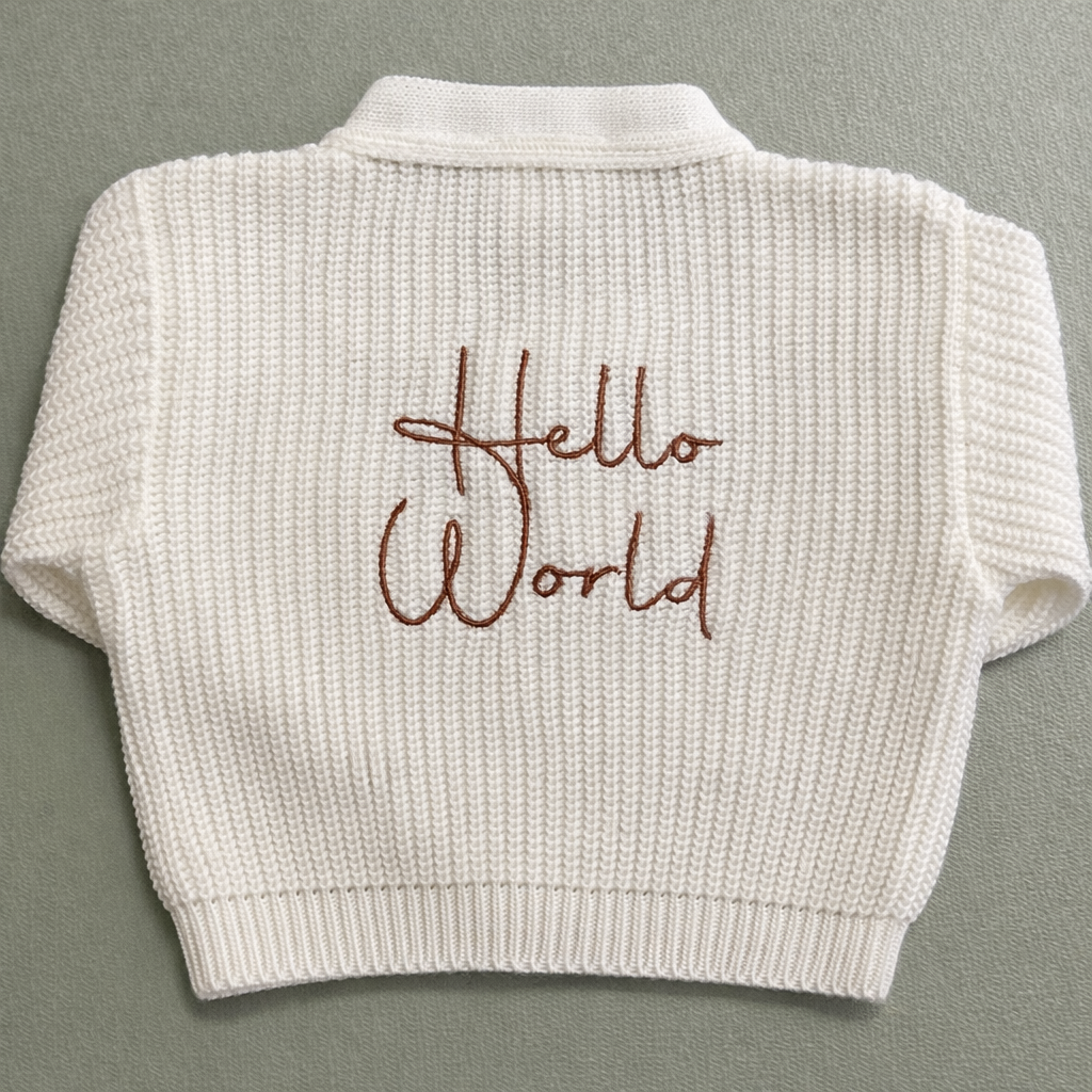 Dandelion Hello World Knitted Baby Cardigan (Newborn – 0–3 Months)