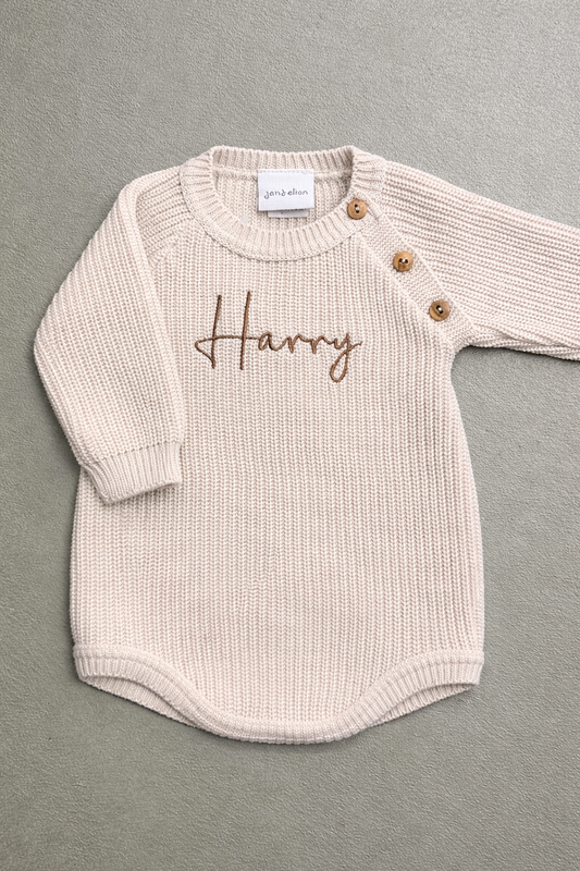 Dandelion Personalised Knitted Long Sleeve Baby Romper – Taupe