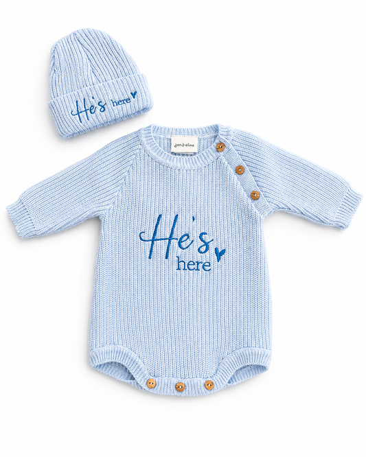 “He’s Here” Knitted Baby Romper & Hat Set – Blue | Newborn & 0–3 Months
