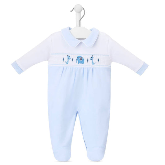 Dandelion Jungle Friends smocked cotton baby onesie with jungle animal appliqués and Peter Pan collar, shown in pale blue