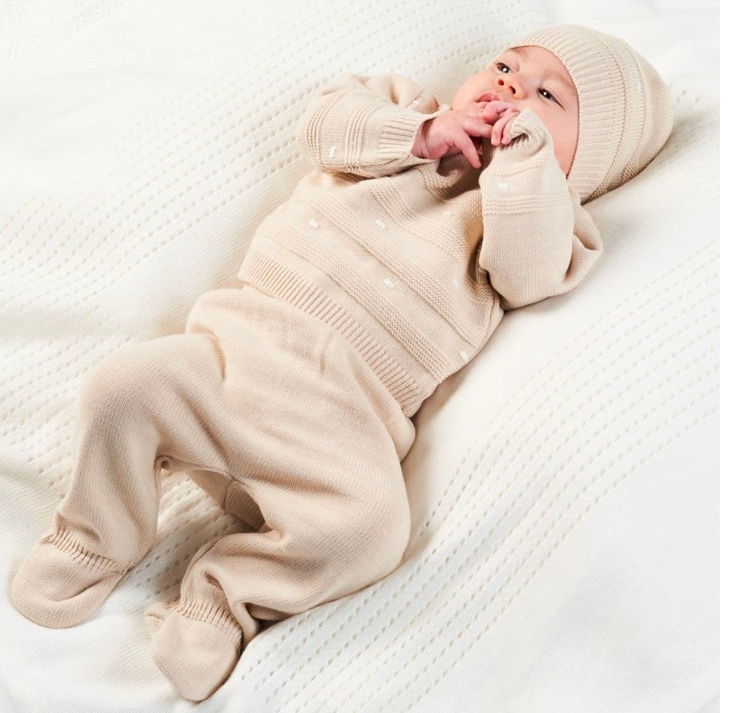 Neutral unisex 3-piece baby knit set with raised dot and stripe design – includes jumper, leggings, and matching 