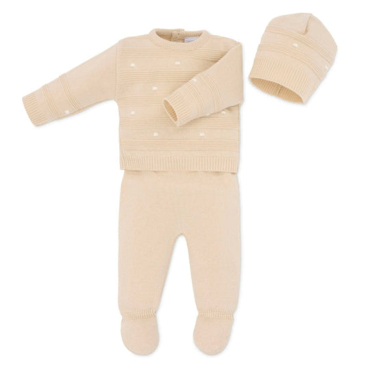 Neutral unisex 3-piece baby knit set with raised dot and stripe design – includes jumper, leggings, and matching