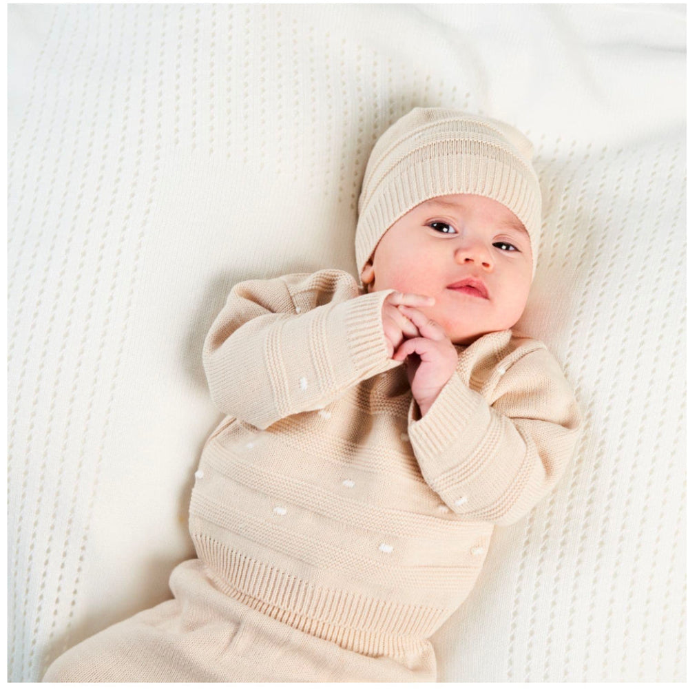 Neutral unisex 3-piece baby knit set with raised dot and stripe design – includes jumper, leggings, and matching 