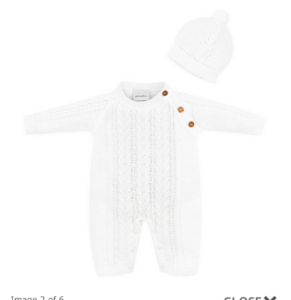 Knitted white baby romper and hat set by Dandelion, perfect for newborns