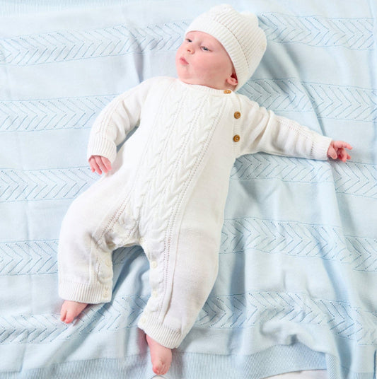 Knitted white baby romper and hat set by Dandelion, perfect for newborns