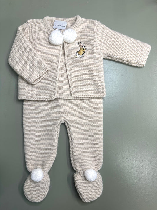 Taupe Dandelion baby knitted two-piece set with running rabbit embroidery and pompom details