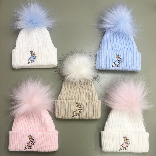 Baby Pom Pom Hats with embroidered rabbit design – Pink, White, Blue & Taupe winter accessories