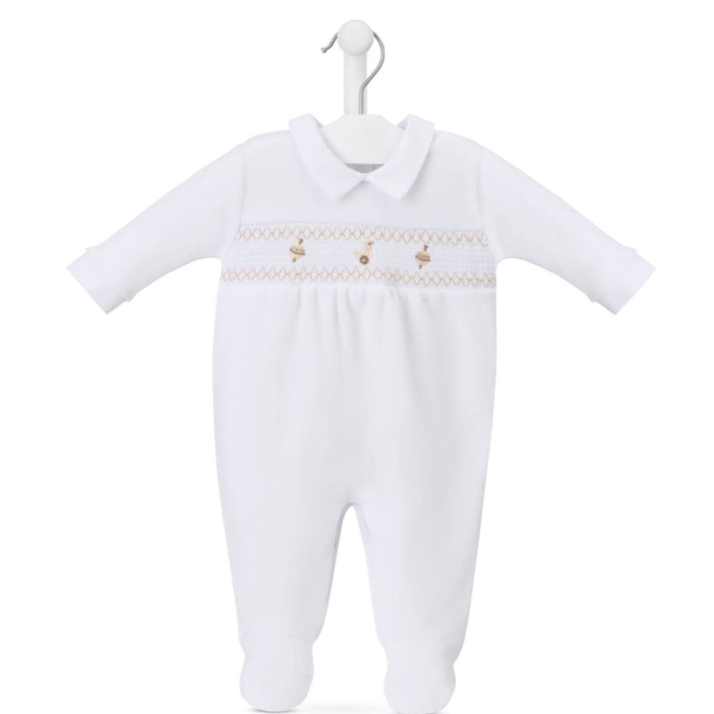 White and taupe velour baby onesie with smocked spinning top embroidery – Dandelion